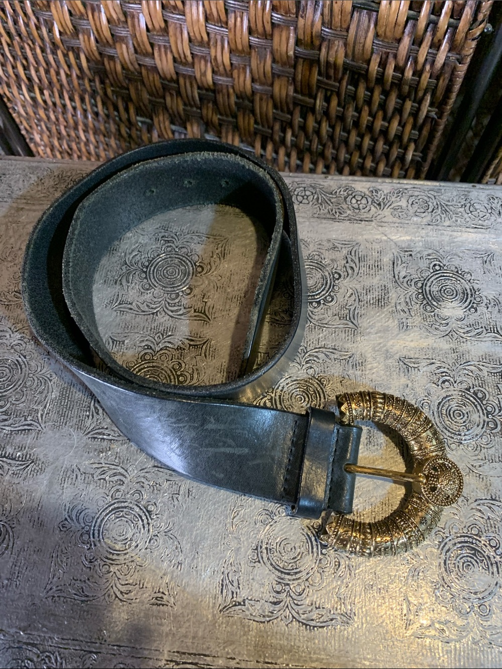 Orciani Black Leather Belt Size 85 (XL/16 US) with Large Buckle